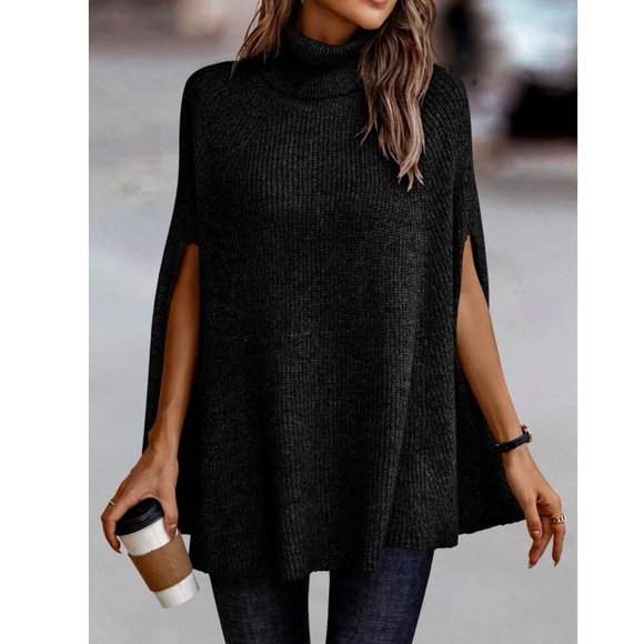 Rouge! Sweaters - Black Knit Turtleneck Poncho Cloak Sleeveless Sweater